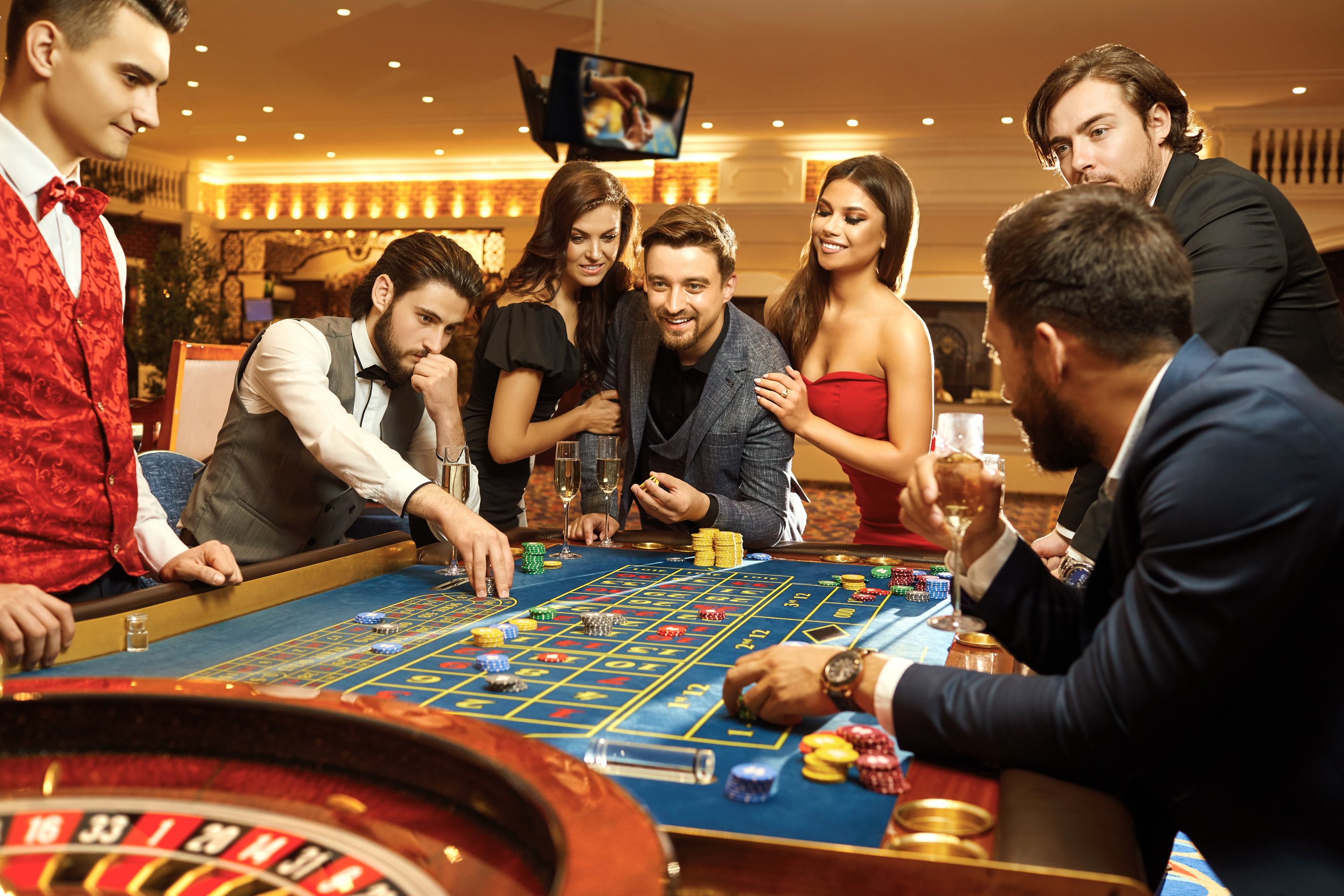 Happy People Gambling Poker Roulette in Casino